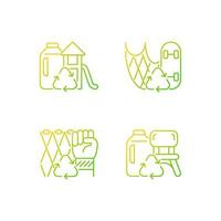 Recycling for sustainability gradient linear vector icons set. Fishing gear reuse. Eco friendly playground. Plastic lumber. Thin line contour symbols bundle. Isolated outline illustrations collection