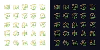 Hunting gradient icons set for dark and light mode. Wildlife animal and bird hunt. Pursue prey. Thin line contour symbols bundle. Isolated vector outline illustrations collection on black and white