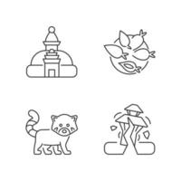 Tourism in Nepal linear icons set. Swayambhu stupa. Nepalese cuisine. Red panda. Yomari dish. Customizable thin line contour symbols. Isolated vector outline illustrations. Editable stroke