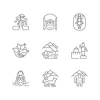 cultura de nepal conjunto de iconos lineales. destino de trekking. terremoto. sitios religiosos. festivales nepaleses. símbolos de contorno de línea fina personalizables. ilustraciones de contorno de vector aislado. trazo editable