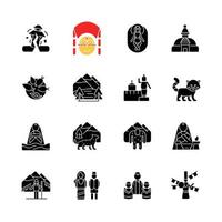 Nepal cultural heritage black glyph icons set on white space. Religious festivals. Tourist attractions. Mountaineering destination. Architecture. Silhouette symbols. Vector isolated illustration