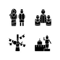 Nepalese traditions black glyph icons set on white space. Ethnic costumes. Bratabandha ceremony. Losar celebration. Buddhist pilgrimage place. Silhouette symbols. Vector isolated illustration