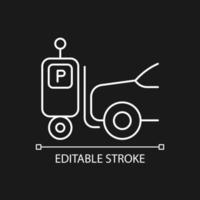 Parking robot white linear icon for dark theme. Self-driving forklift. Automated parking system. Thin line customizable illustration. Isolated vector contour symbol for night mode. Editable stroke