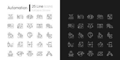 iconos lineales de automatización establecidos para el modo oscuro y claro. fabricación avanzada. mejorar la vida cotidiana. brazos robóticos. símbolos de línea fina personalizables. ilustraciones de contorno de vector aislado. trazo editable