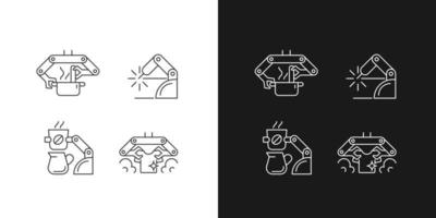 iconos lineales de dispositivos mecánicos automatizados establecidos para el modo oscuro y claro. cocina robotizada. robot para hacer café. símbolos de línea fina personalizables. ilustraciones de contorno de vector aislado. trazo editable