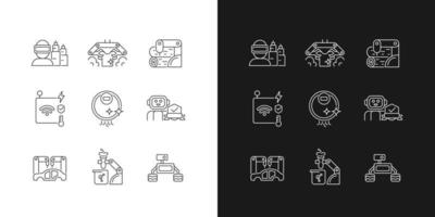 Automation technologies linear icons set for dark and light mode. Manufacturing robots. Automated laundry. Customizable thin line symbols. Isolated vector outline illustrations. Editable stroke