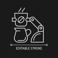 Coffee making robot white linear icon for dark theme. Robotic barista. Automated drinks brewing. Thin line customizable illustration. Isolated vector contour symbol for night mode. Editable stroke