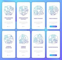 Garbage management service blue gradient onboarding mobile app page screen set. Walkthrough 4 steps graphic instructions with concepts. UI, UX, GUI vector template with linear color illustrations