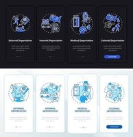 Different deportation onboarding mobile app page screen. Immigration problems walkthrough 4 steps graphic instructions with concepts. UI, UX, GUI vector template with night and day mode illustrations