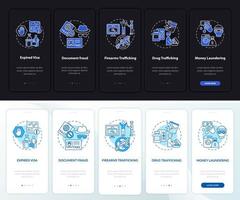 Reasons for legal deportation onboarding mobile app page screen. Legislation walkthrough 5 steps graphic instructions with concepts. UI, UX, GUI vector template with night and day mode illustrations