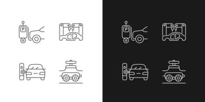 Automation in automobile industry linear icons set for dark and light mode. Self-driving forklift. Car assembly. Customizable thin line symbols. Isolated vector outline illustrations. Editable stroke