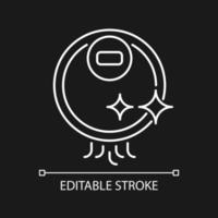 Cleaning robots white linear icon for dark theme. Automatic vacuuming device. Robot vacuum cleaner. Thin line customizable illustration. Isolated vector contour symbol for night mode. Editable stroke
