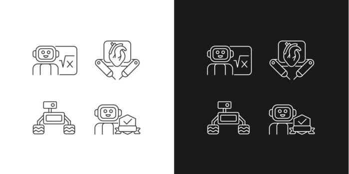 Robotics technology linear icons set for dark and light mode. Surgical robot. Robotic vehicle. Home safety. Customizable thin line symbols. Isolated vector outline illustrations. Editable stroke