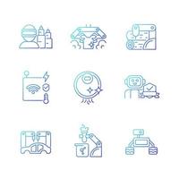 Automation technologies gradient linear vector icons set. Manufacturing robots. Automated laundry and cleaning. Thin line contour symbols bundle. Isolated outline illustrations collection