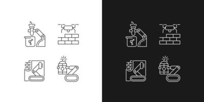 Automation in different industries linear icons set for dark and light mode. Lab assistance. Construction. Customizable thin line symbols. Isolated vector outline illustrations. Editable stroke