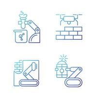 Automation in different industries gradient linear vector icons set. Robotic lab assistance. Drones for construction. Thin line contour symbols bundle. Isolated outline illustrations collection