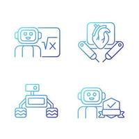 Robotics technology gradient linear vector icons set. Surgical robot. Robotic vehicle. Home safety. AI in classroom. Thin line contour symbols bundle. Isolated outline illustrations collection