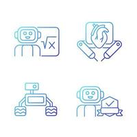 Robotics technology gradient linear vector icons set. Surgical robot. Robotic vehicle. Home safety. AI in classroom. Thin line contour symbols bundle. Isolated outline illustrations collection