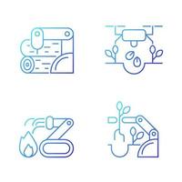 Automation for wellbeing gradient linear vector icons set. Wood processing. Drones for planting. Firefighter robot. Thin line contour symbols bundle. Isolated outline illustrations collection