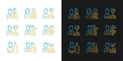 Finance jobs gradient icons set for dark and light mode. Investment and trading specialists. Thin line contour symbols bundle. Isolated vector outline illustrations collection on black and white