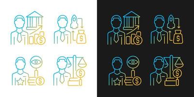 Finance investment jobs gradient icons set for dark and light mode. Stock market experts. Thin line contour symbols bundle. Isolated vector outline illustrations collection on black and white