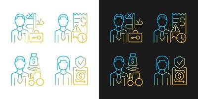 Financial occupation gradient icons set for dark and light mode. Finance institutions workers. Thin line contour symbols bundle. Isolated vector outline illustrations collection on black and white