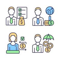 Finance consulting RGB color icons set. Financial analytics and planning. Customer service specialists. Isolated vector illustrations. Simple filled line drawings collection. Editable stroke