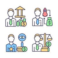 Finance investment jobs RGB color icons set. Stock market experts and analysts. Fund raising professionals. Isolated vector illustrations. Simple filled line drawings collection. Editable stroke