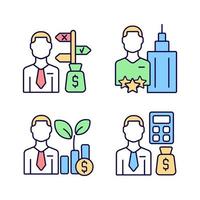 Financial field experts RGB color icons set. Fund and asset managers. Budget analysts. Chief executive officer. Isolated vector illustrations. Simple filled line drawings collection. Editable stroke