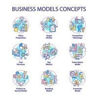 Business models concept icons set. Value proposition. Target market. Competitive advantage. Enterprise idea thin line color illustrations. Vector isolated outline drawings. Editable stroke