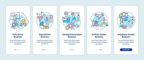 Successful business models onboarding mobile app page screen. Company structure walkthrough 5 steps graphic instructions with concepts. UI, UX, GUI vector template with linear color illustrations