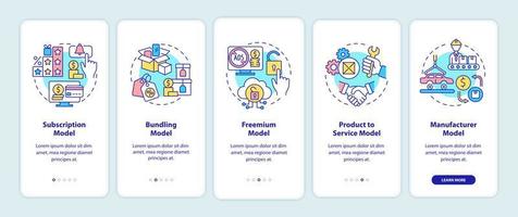 Types of business models onboarding mobile app page screen. Commerce walkthrough 5 steps graphic instructions with concepts. UI, UX, GUI vector template with linear color illustrations