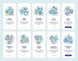 conjunto de pantallas de la página de la aplicación móvil de incorporación empresarial. estructura de la empresa. tutorial empresarial 5 pasos instrucciones gráficas con conceptos. ui, ux, plantilla de vector de interfaz gráfica de usuario con ilustraciones en color lineal