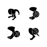 Animal injuries black glyph icons set on white space. Pet physical diseases. Limb sprains and trauma. Skin and fur illness. Surgical treatment. Silhouette symbols. Vector isolated illustration