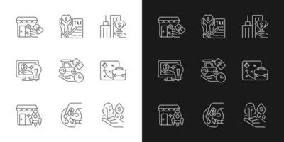 Small business financial support linear icons set for dark and light mode. Tax payments deduction. Customizable thin line symbols. Isolated vector outline illustrations. Editable stroke
