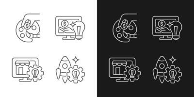 Startup ideas linear icons set for dark and light mode. Patronage, guidance. Online marketplace. Small business. Customizable thin line symbols. Isolated vector outline illustrations. Editable stroke