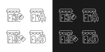 Startup fast growth linear icons set for dark and light mode. Small business launch. Payments reduction. Customizable thin line symbols. Isolated vector outline illustrations. Editable stroke