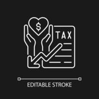 Tax reduction for charity white linear icon for dark theme. Taxation deduction when funding. Thin line customizable illustration. Isolated vector contour symbol for night mode. Editable stroke