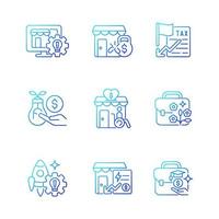 Small business development support gradient linear vector icons set. Website creation. Financial grants. Payments reduction. Thin line contour symbols bundle. Isolated outline illustrations collection