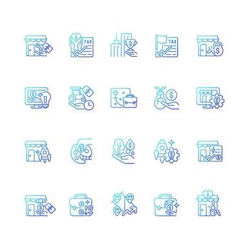 Small business incentives gradient linear vector icons set. Startups financial support. Governmental programs and funds. Thin line contour symbols bundle. Isolated outline illustrations collection