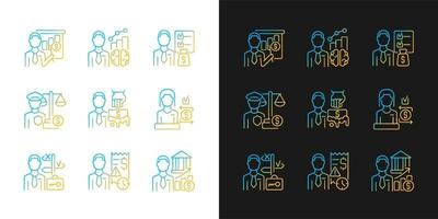 Career in finance field gradient icons set for dark and light mode. Business administration jobs. Thin line contour symbols bundle. Isolated vector outline illustrations collection on black and white