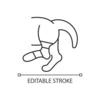 Pet sprain linear icon. Animal with hurt limb. Hips and thighs strains. Joints and bones injury. Thin line customizable illustration. Contour symbol. Vector isolated outline drawing. Editable stroke