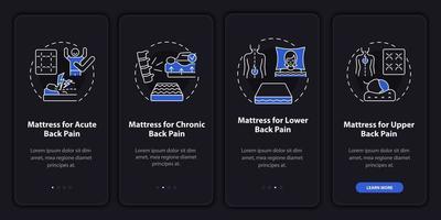 Mattresses for back ache dark onboarding mobile app page screen. Walkthrough 4 steps graphic instructions with concepts. UI, UX, GUI vector template with linear night mode illustrations