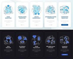 Pantalla de la página de la aplicación móvil de incorporación de los objetivos del plan de bicicletas compartidas. tutorial de aire limpio 5 pasos instrucciones gráficas con conceptos. ui, ux, plantilla de vector de interfaz gráfica de usuario con ilustraciones lineales en modo día y noche