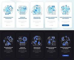 profesionales de bicicletas compartidas que incorporan la pantalla de la página de la aplicación móvil. tutorial de infraestructura 5 pasos instrucciones gráficas con conceptos. ui, ux, plantilla de vector de interfaz gráfica de usuario con ilustraciones lineales en modo día y noche