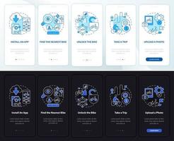 uso de bicicletas compartidas incorporando la pantalla de la página de la aplicación móvil. haciendo un recorrido paso a paso instrucciones gráficas de 5 pasos con conceptos. ui, ux, plantilla de vector de interfaz gráfica de usuario con ilustraciones lineales en modo día y noche