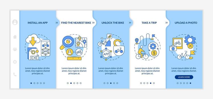 Bicycle share guide onboarding vector template. Responsive mobile website with icons. Web page walkthrough 5 step screens. Install app and find nearest bike color concept with linear illustrations