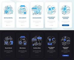 Pantalla de la página de la aplicación móvil de incorporación de categorización de bicicletas compartidas. alquiler tutorial 5 pasos instrucciones gráficas con conceptos. ui, ux, plantilla de vector de interfaz gráfica de usuario con ilustraciones lineales en modo día y noche