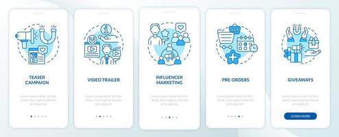 Startup advertising strategy tips onboarding mobile app page screen. Small business walkthrough 5 steps graphic instructions with concepts. UI, UX, GUI vector template with linear color illustrations