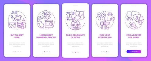Preparing for newborn arrival onboarding mobile app page screen. Pack hospital bag walkthrough 5 steps graphic instructions with concepts. UI, UX, GUI vector template with linear color illustrations